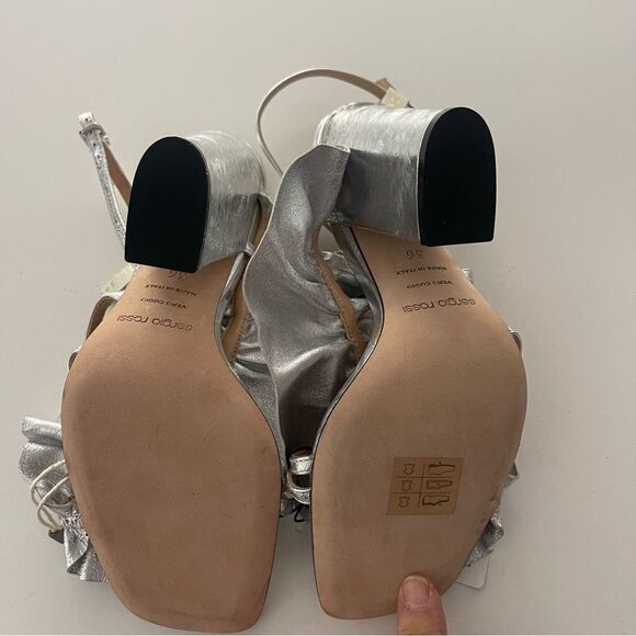 SERGIO ROSSI Ruffled metallic crinkled-leather sandals NWOB Size 36 - Picture 6 of 10